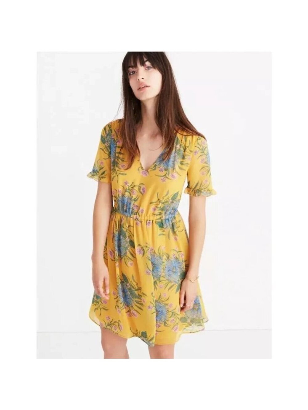 Madewell Dress Womens 4 Sweetgrass Yellow Painted Blooms Ruffle Sleeve Blouson